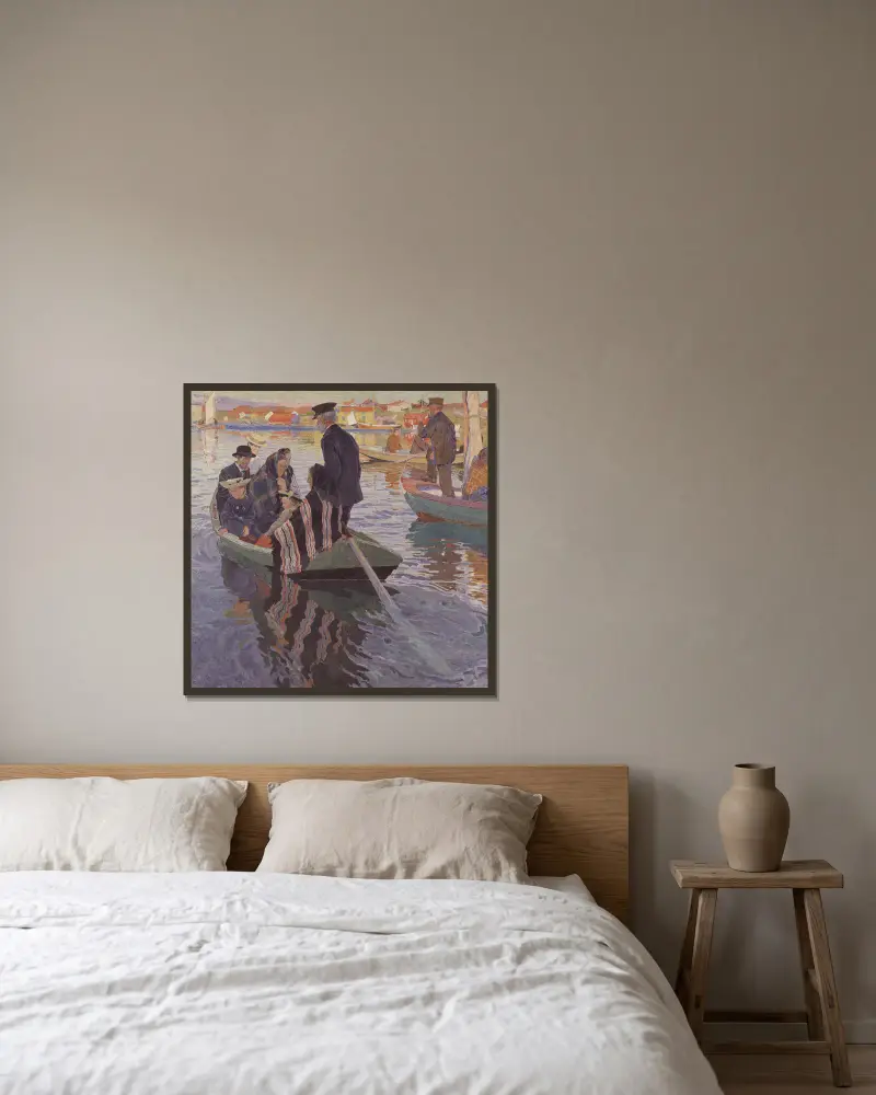 Kyrkobesökare i båt av Carl Wilhelmson inramad på en vägg