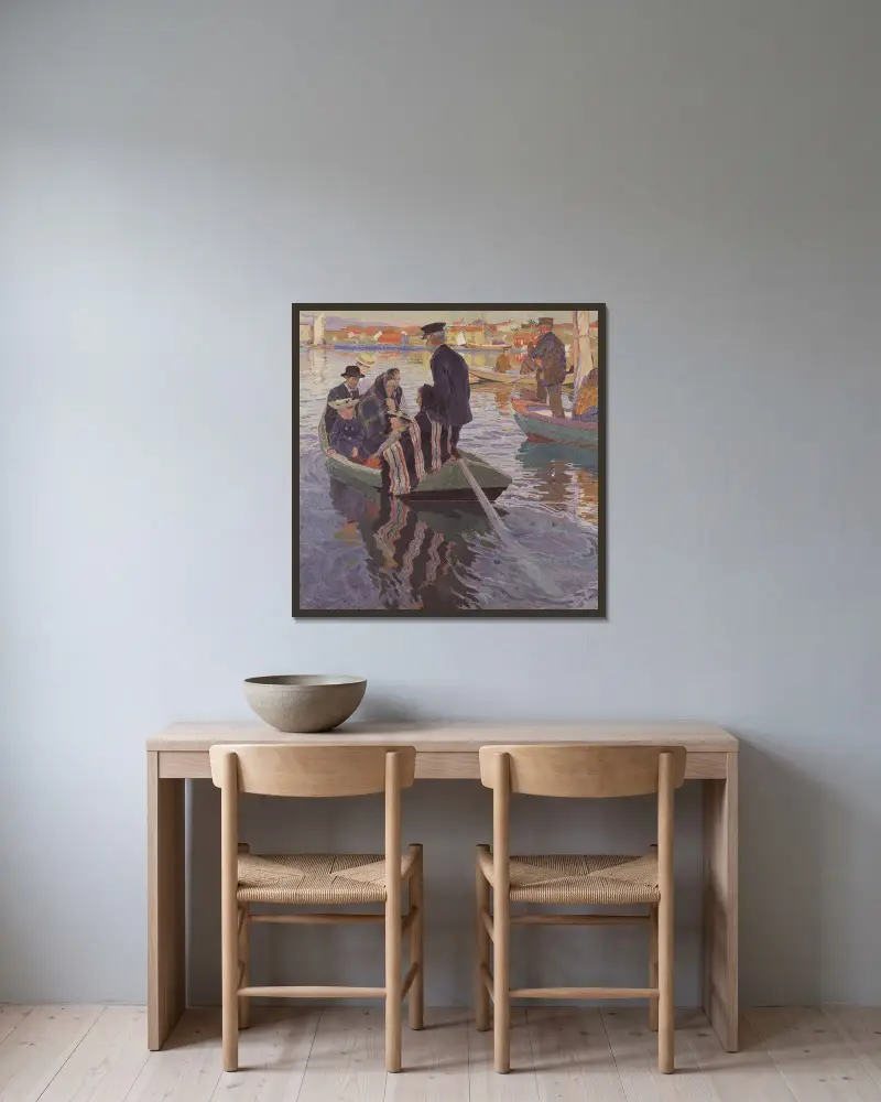 Kyrkobesökare i båt av Carl Wilhelmson inramad på en vägg