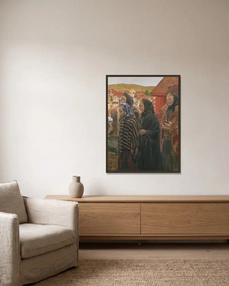 Fiskarhustrur på hemväg från kyrkan av Carl Wilhelmson inramad på en vägg
