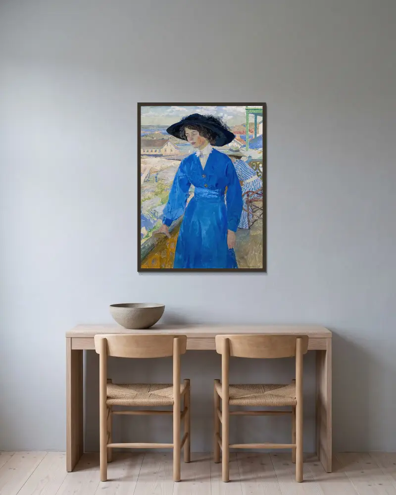 Flicka i blått, 1910 av Carl Wilhelmson inramad på en vägg