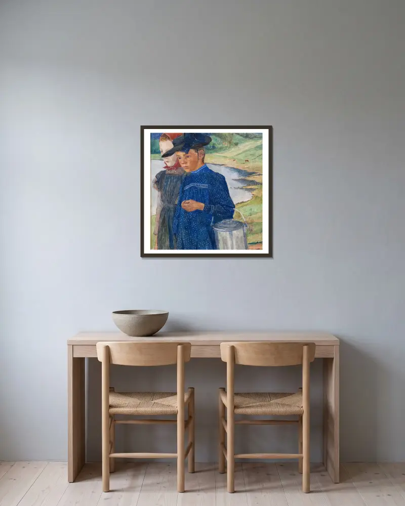 Två flickor på vägen av Carl Wilhelmson inramad på en vägg