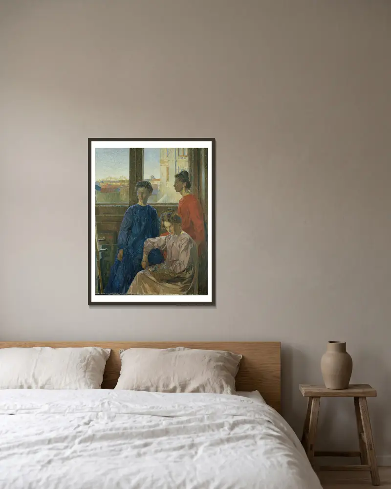 Kvinnliga målare av Carl Wilhelmson inramad på en vägg