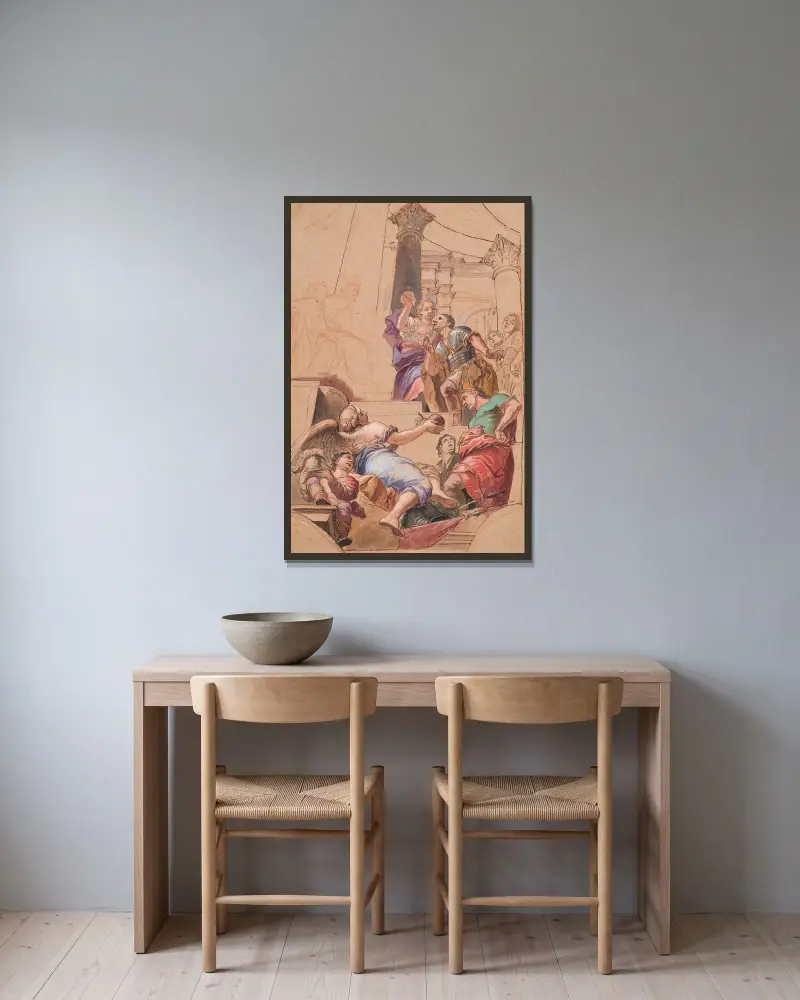 Ein siegreicher Feldherr in Audienz bei einem Herrscherpaar von Carlo Maratti gerahmt an einer Wand