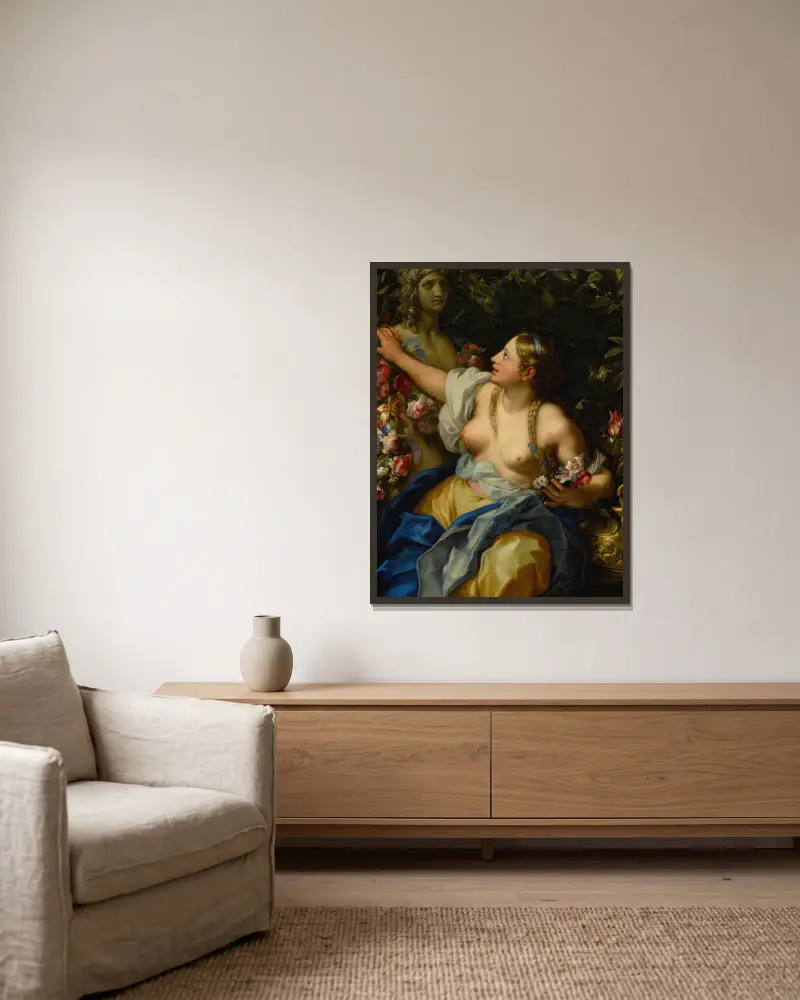 Portrait Of A Young Woman As Flora av Carlo Maratti inramad på en vägg