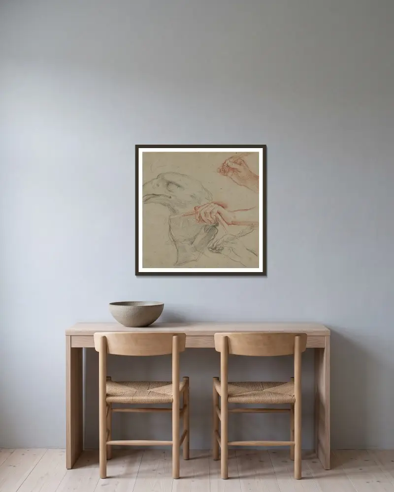 Study for an eagle’s head, three studies for a hand with a quill_and one study for a hand holding a book av Carlo Maratti inramad på en vägg