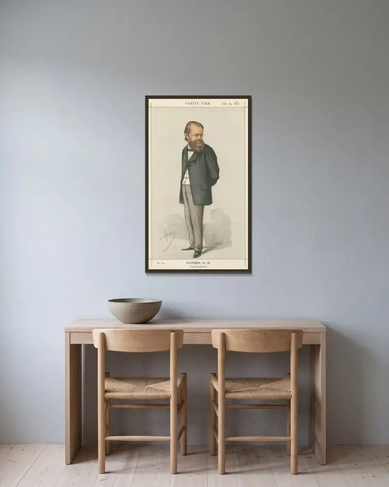 Tidningsmännen; 'The Nonconformist', Miall, 29 juli 1871 av Carlo Pellegrini inramad på en vägg