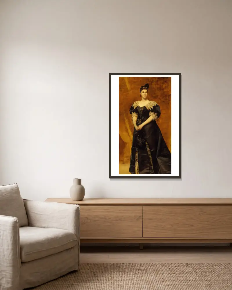 Mrs. William Astor (Caroline Webster Schermerhorn, 1831–1908) von Carolus-Duran gerahmt an einer Wand