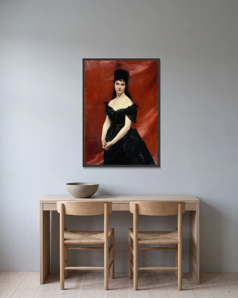 Portrait de Léonie Dufresne, baronne le Vavasseur, puis marquise de Vaucouleurs de Lanjamet av Carolus-Duran inramad på en vägg