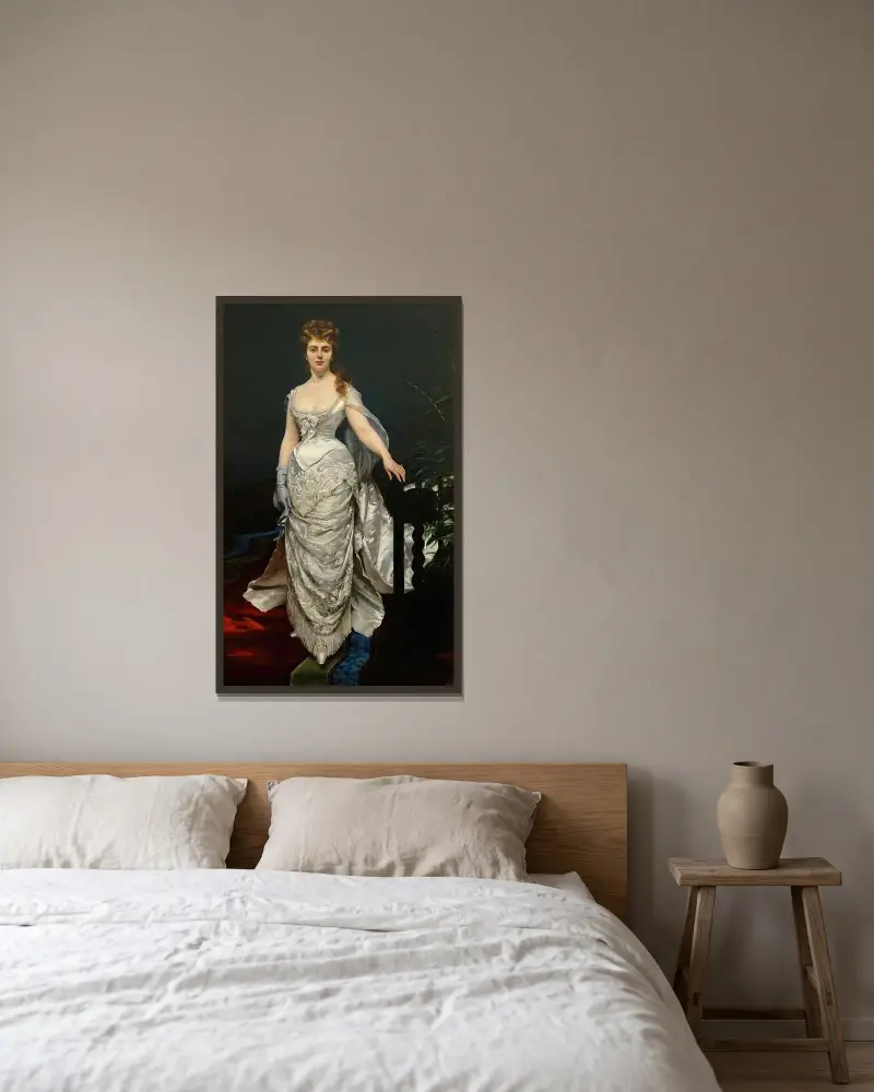 Porträtt av mademoiselle X, markisinnan Anforti av Carolus-Duran inramad på en vägg
