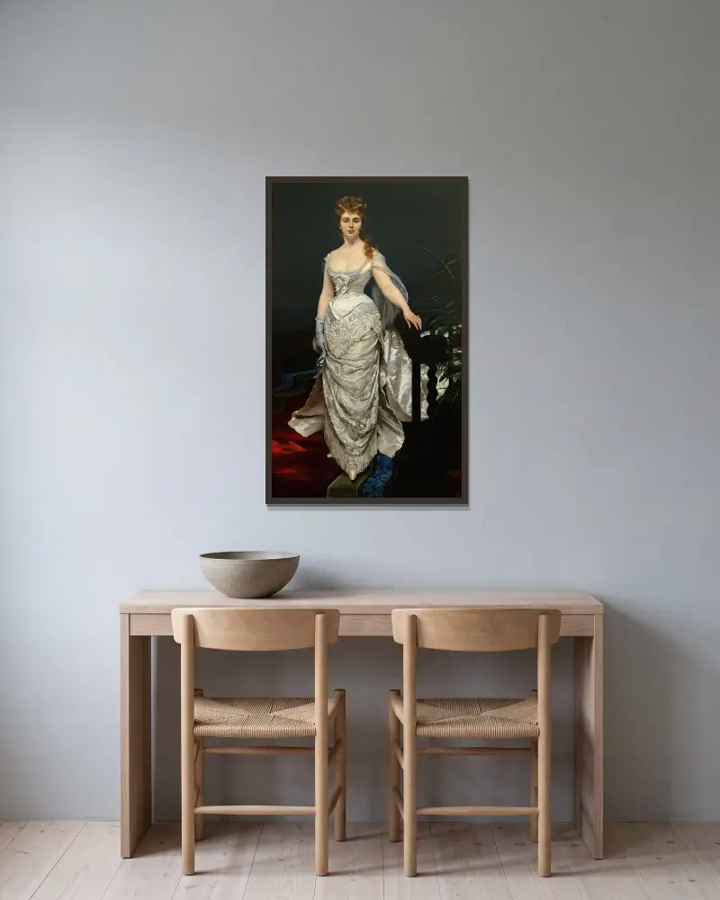 Porträtt av mademoiselle X, markisinnan Anforti av Carolus-Duran inramad på en vägg