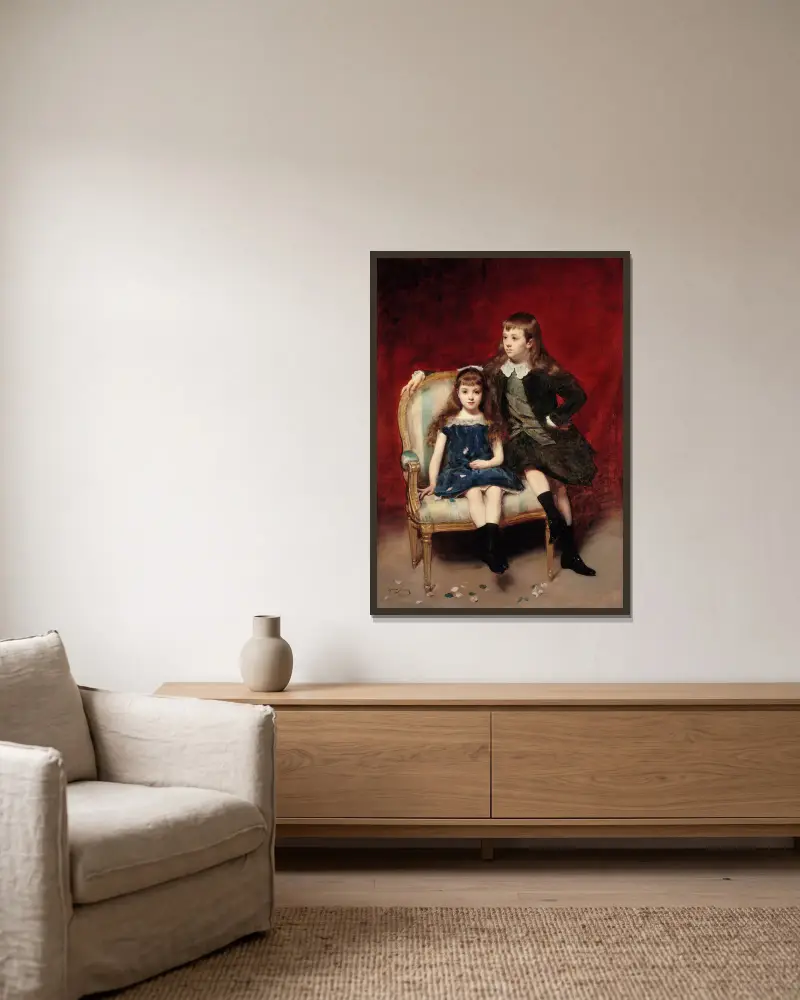 Portrait de Marguerite (1883-1973) et Robert (1880-1956) de Broglie av Carolus-Duran inramad på en vägg