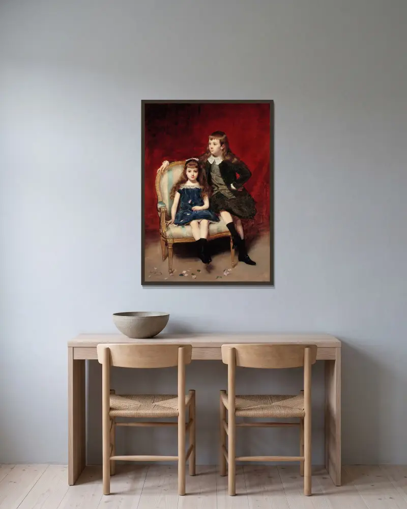 Portrait de Marguerite (1883-1973) et Robert (1880-1956) de Broglie av Carolus-Duran inramad på en vägg