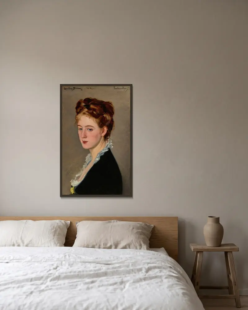 Porträtt av Mademoiselle Faure, konstnärens svägerska, i trekvartsprofil av Carolus-Duran inramad på en vägg