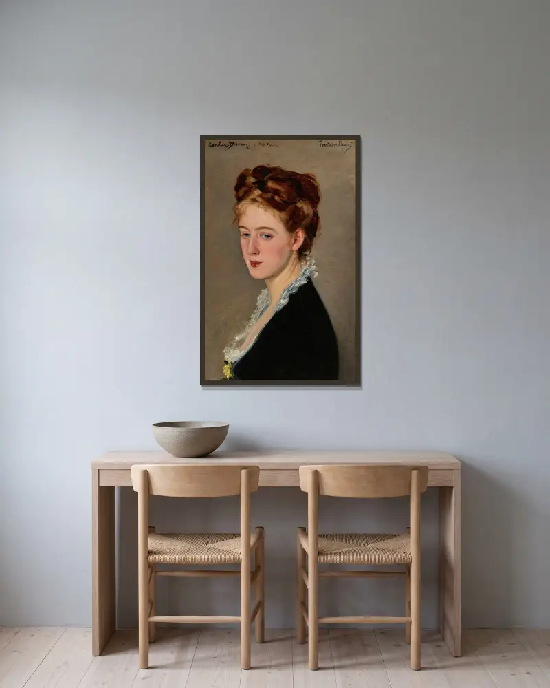 Porträtt av Mademoiselle Faure, konstnärens svägerska, i trekvartsprofil av Carolus-Duran inramad på en vägg