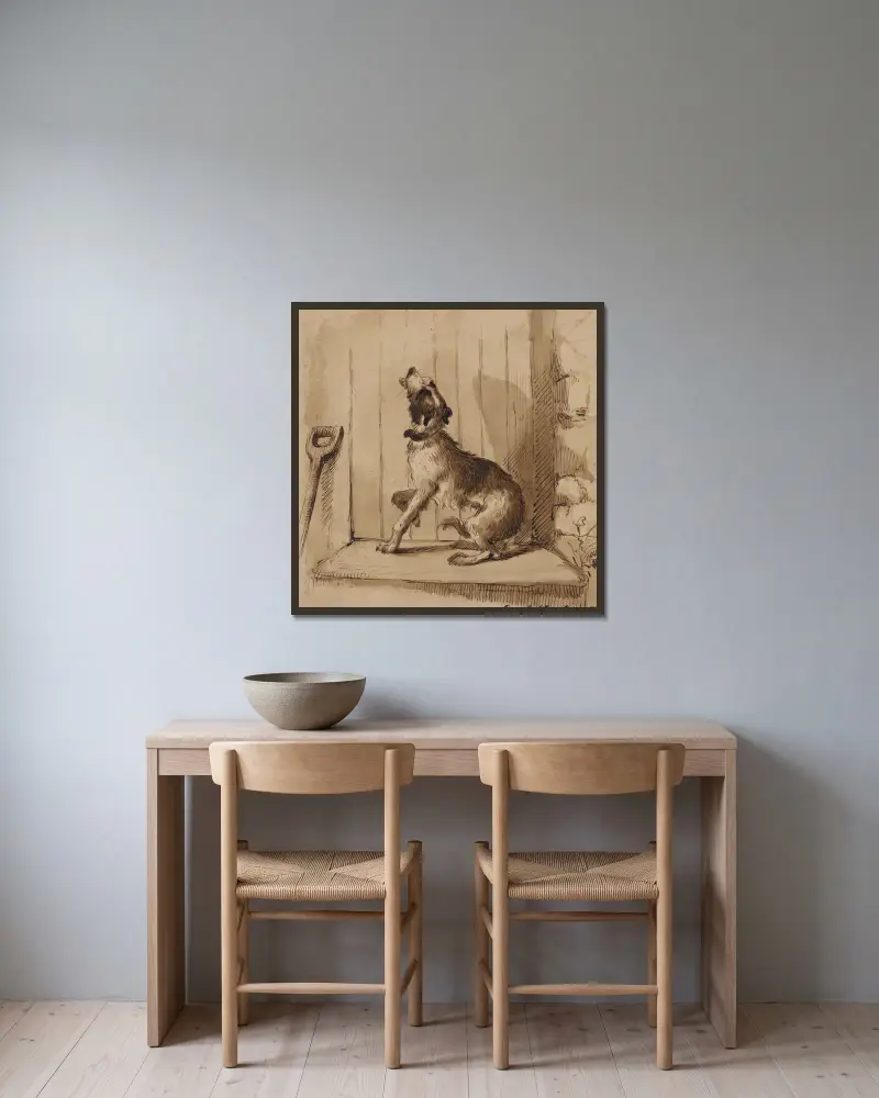 Hund som skäller framför stängd dörr av Felix Octavius Carr Darley inramad på en vägg