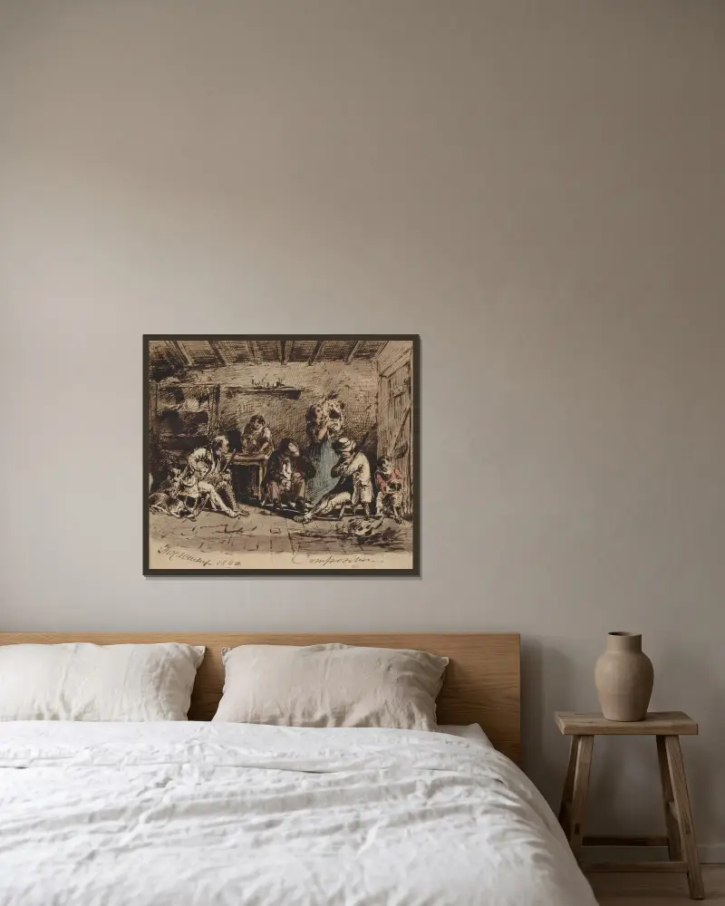 Drawing of cabin interior av Felix Octavius Carr Darley inramad på en vägg