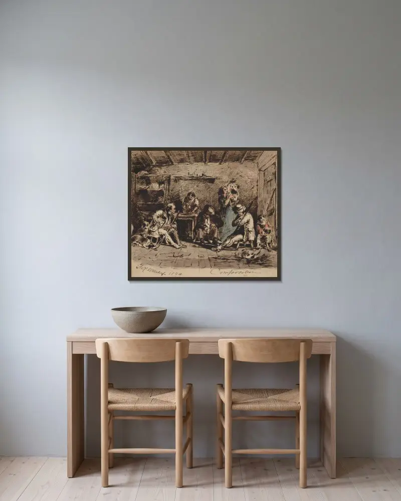 Drawing of cabin interior av Felix Octavius Carr Darley inramad på en vägg