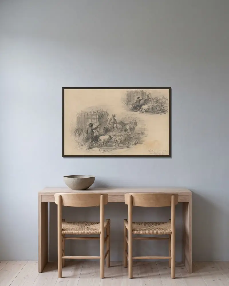 Bonde med grisar och hästar av Felix Octavius Carr Darley inramad på en vägg