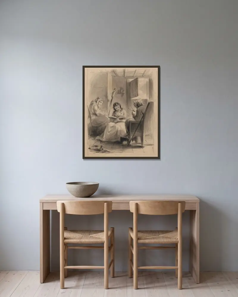Flicka läsande och två äldre kvinnor som spinner och stickar av Felix Octavius Carr Darley inramad på en vägg