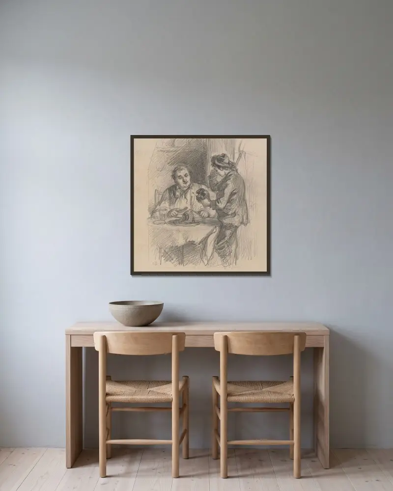 Man vid middagsbord och gråtande pojke av Felix Octavius Carr Darley inramad på en vägg