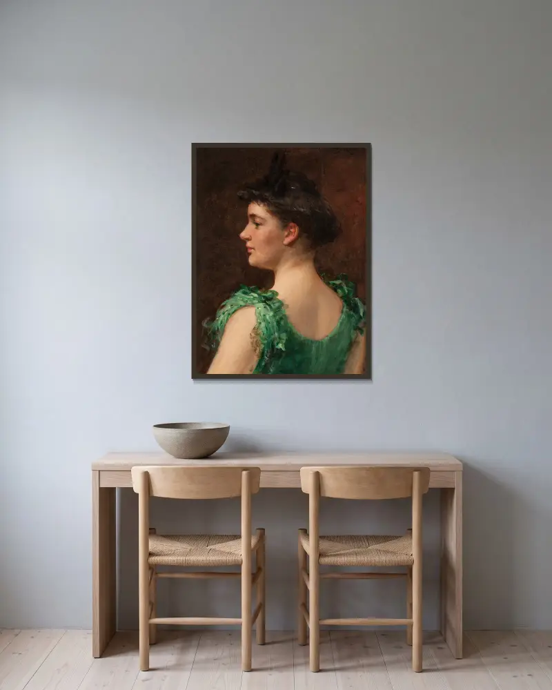 The Green Dress av James Carroll Beckwith inramad på en vägg