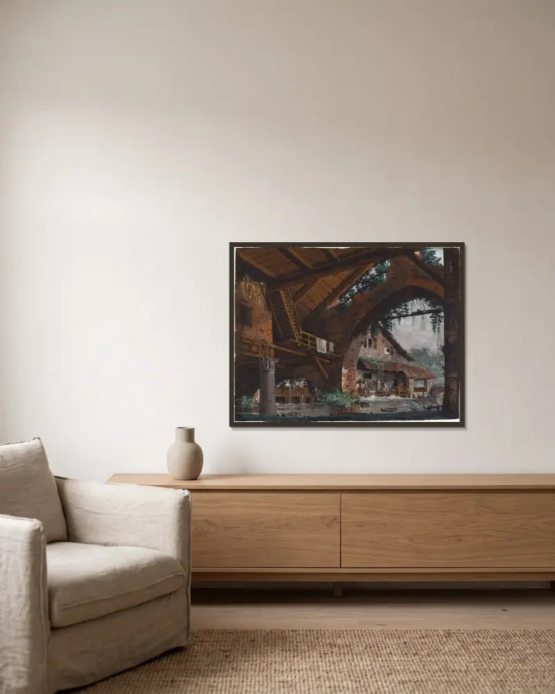 Arkitektonisk fantasi med antika ruiner och en vattenkvarn av Caspar Wolf inramad på en vägg