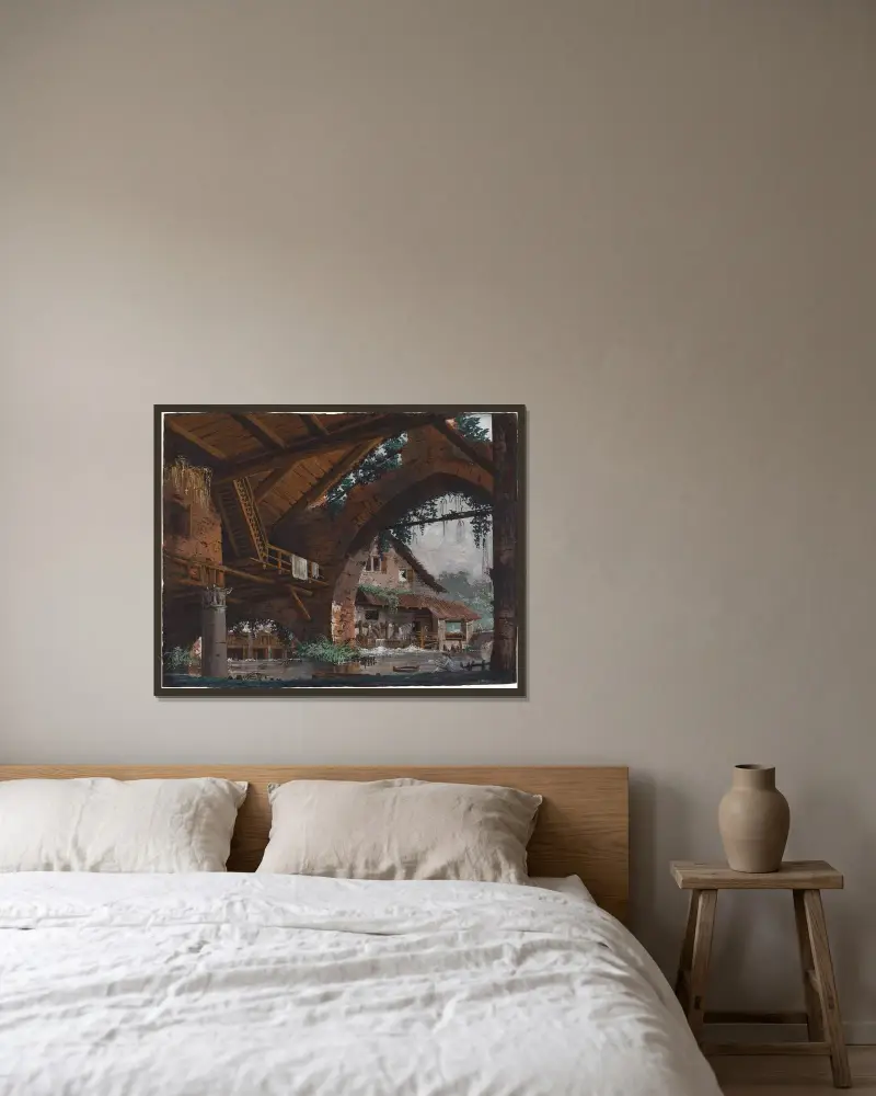 Arkitektonisk fantasi med antika ruiner och en vattenkvarn av Caspar Wolf inramad på en vägg