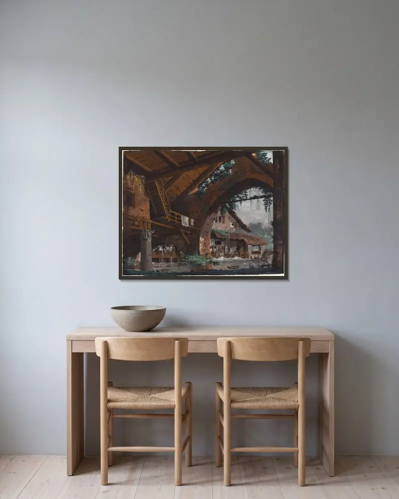 Arkitektonisk fantasi med antika ruiner och en vattenkvarn av Caspar Wolf inramad på en vägg