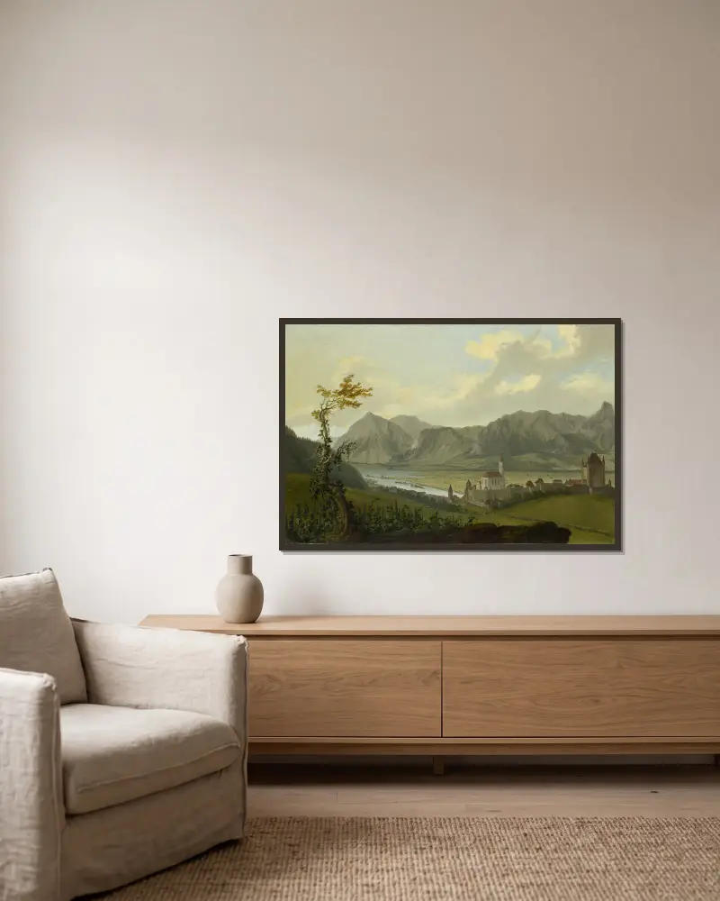 Blick auf Thun mit Stockhornkette und Niesen av Caspar Wolf inramad på en vägg