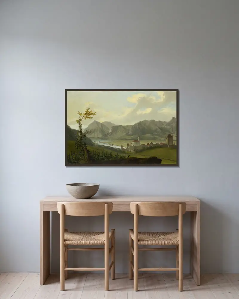 Blick auf Thun mit Stockhornkette und Niesen av Caspar Wolf inramad på en vägg