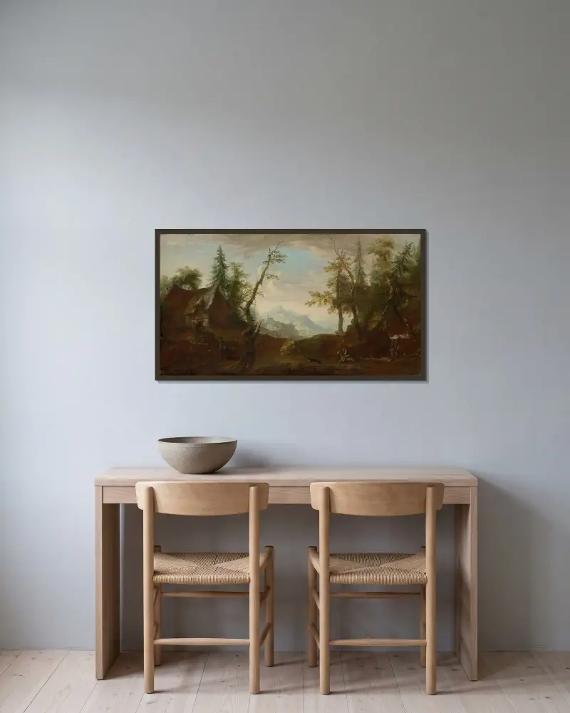 Lantgård i en skogsglänta med ryttare av Caspar Wolf inramad på en vägg