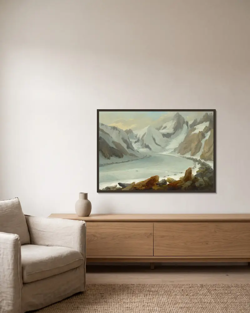 Finsteraargletscher mit Blick auf das Finsteraarhorn von Caspar Wolf gerahmt an einer Wand