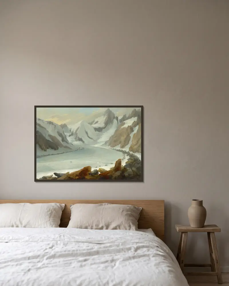 Finsteraargletscher mit Blick auf das Finsteraarhorn von Caspar Wolf gerahmt an einer Wand