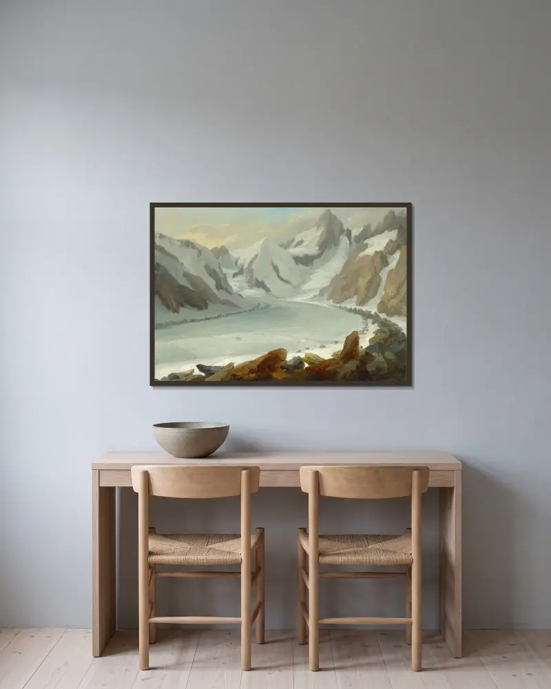 Finsteraargletscher mit Blick auf das Finsteraarhorn von Caspar Wolf gerahmt an einer Wand
