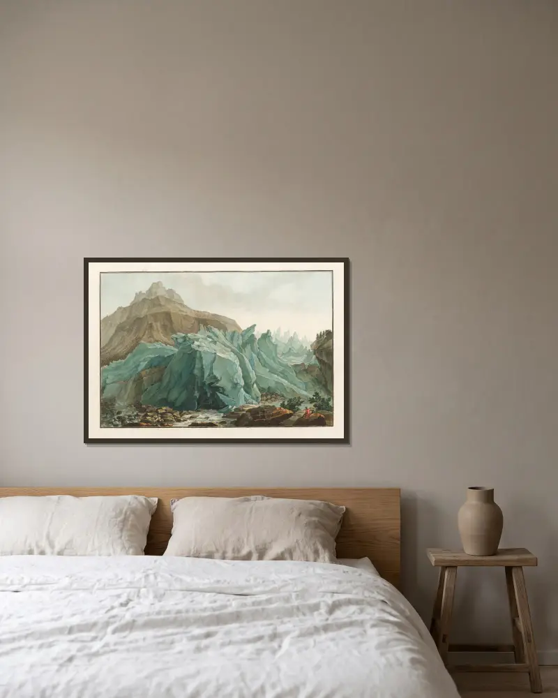 La Lutschinen sortant du Glacier inférieur du Grindelwald av Caspar Wolf inramad på en vägg