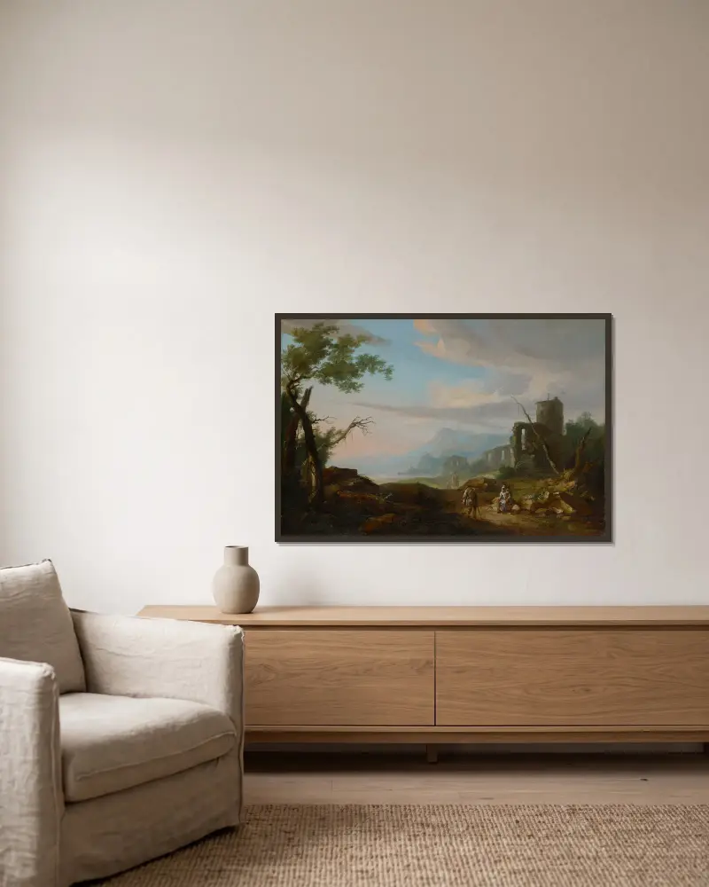 Krajina s ruinami, Caspar Wolf v rámu na stěně