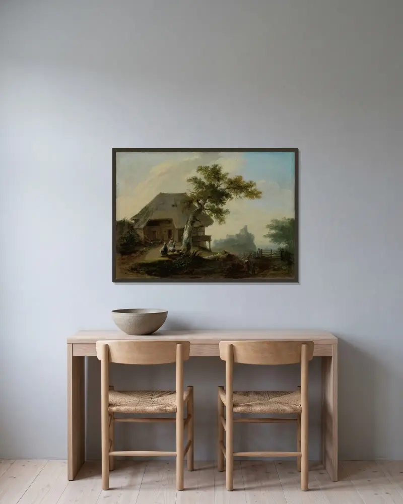 Landskap med bondgård av Caspar Wolf inramad på en vägg