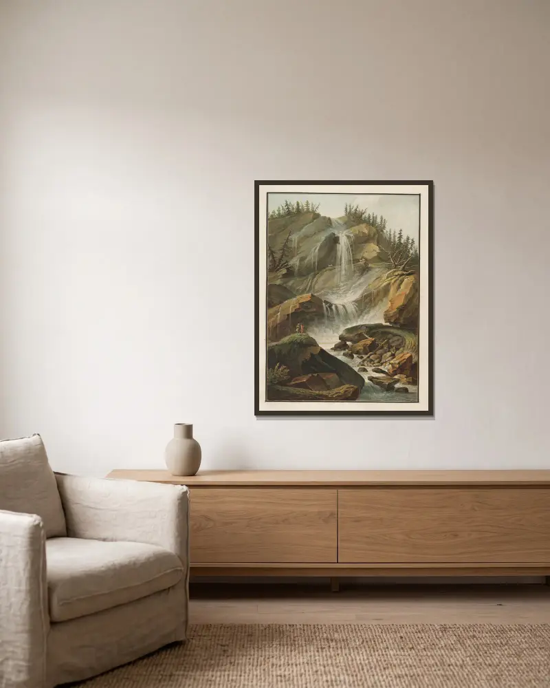 Erster Fall des Staubbach von Caspar Wolf gerahmt an einer Wand