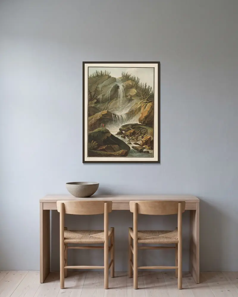 Erster Fall des Staubbach von Caspar Wolf gerahmt an einer Wand