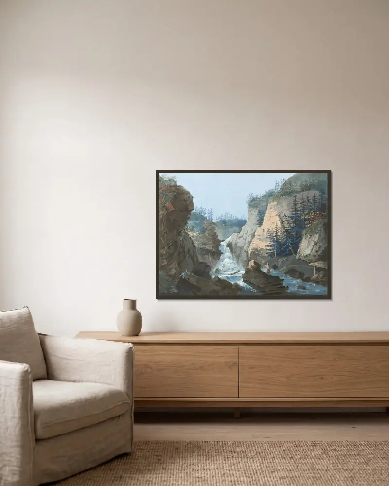 Schlucht mit Wasserfall, 1915 von Caspar Wolf gerahmt an einer Wand