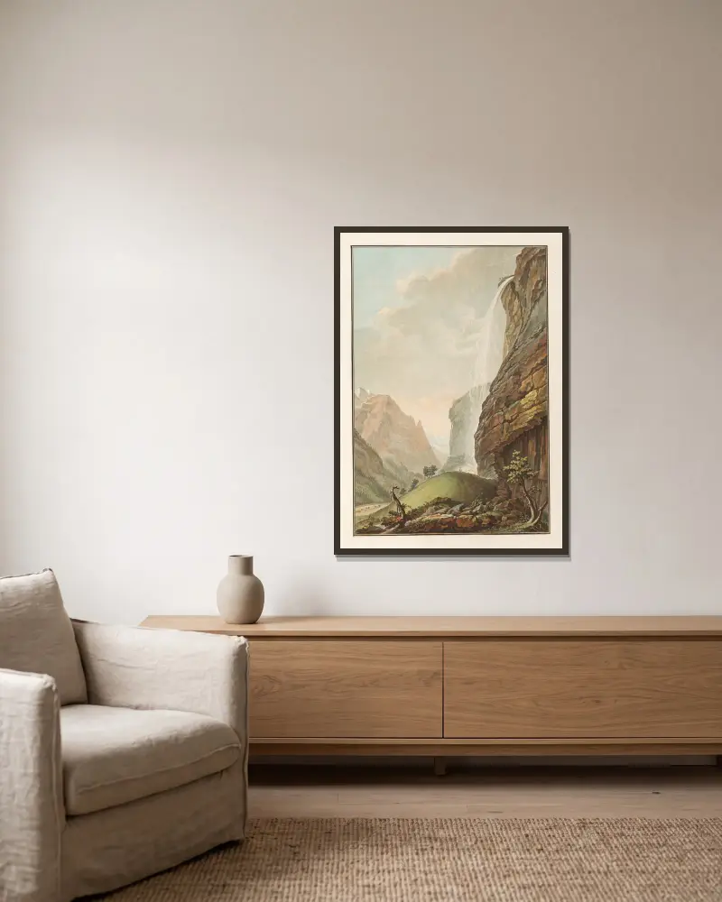 Der zweite Fall des Staubbach von Caspar Wolf gerahmt an einer Wand