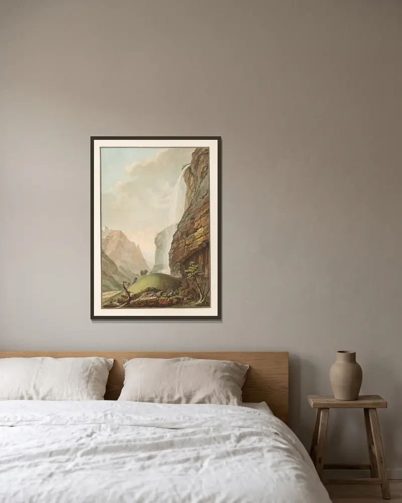 Der zweite Fall des Staubbach von Caspar Wolf gerahmt an einer Wand