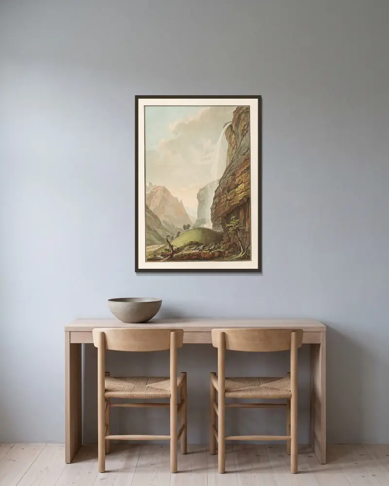 Der zweite Fall des Staubbach von Caspar Wolf gerahmt an einer Wand