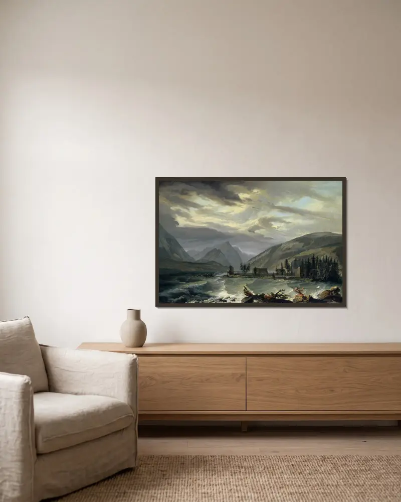 Tempest over the Lake of Thun av Caspar Wolf inramad på en vägg