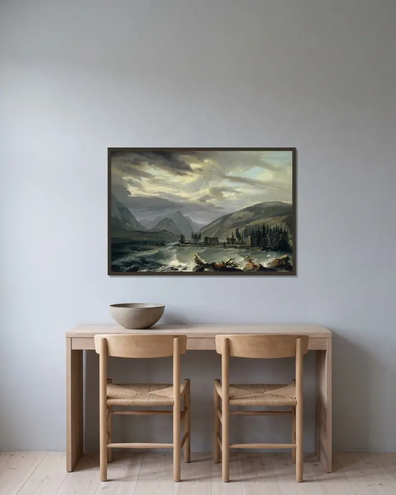 Tempest over the Lake of Thun av Caspar Wolf inramad på en vägg
