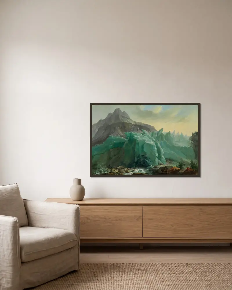 Nedre Grindelwaldglaciären med Lütschine och Mettenberg av Caspar Wolf inramad på en vägg