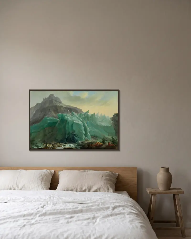 Nedre Grindelwaldglaciären med Lütschine och Mettenberg av Caspar Wolf inramad på en vägg