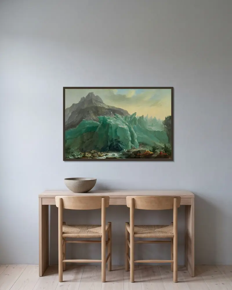 Nedre Grindelwaldglaciären med Lütschine och Mettenberg av Caspar Wolf inramad på en vägg