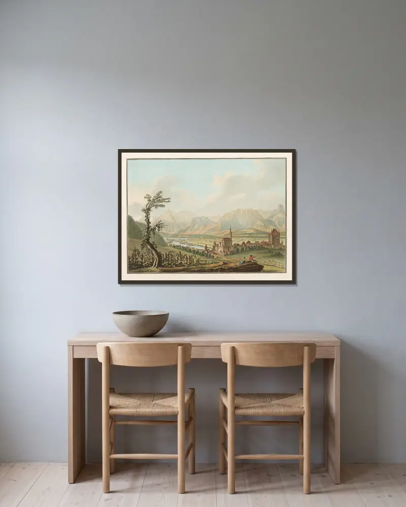 Thun från väster av Caspar Wolf inramad på en vägg