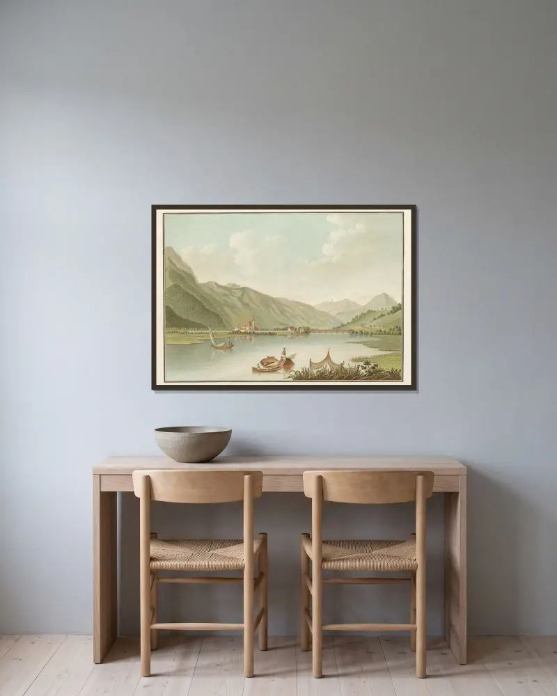 Vue de Interlaken sur le Lac de Brienz av Caspar Wolf inramad på en vägg